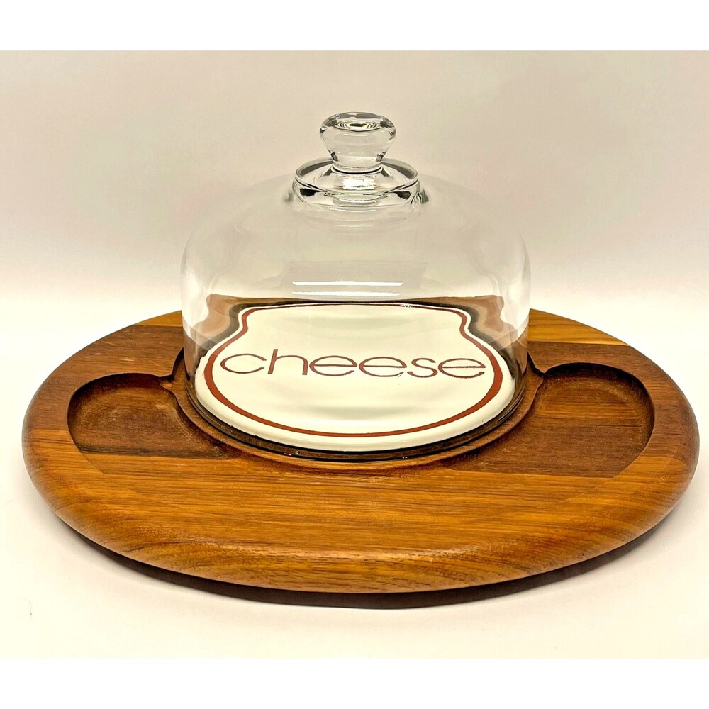 Vintage Goodwood Teak Cheese Cracker Tray Glass Dome/Cloche Thailand MCM